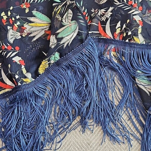 Soul Young Navy Blue Floral Fringed Shawl Cover Up Duster Bohemian Rocker EUC - Picture 4 of 11